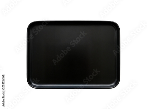 Empty black serving tray on minimalist white background with geometric pattern