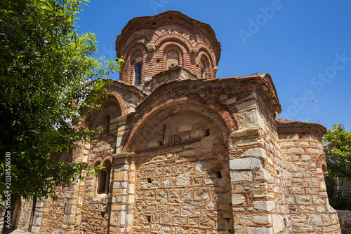 Byzantine church of Agioi Apostoloi with traditional brickwork in Pyrgi, Chios island, Greece