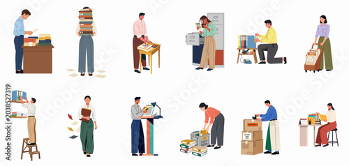 Tableau sur toile Set of various office workers managing documents, filing, archiving, and organizing paperwork in a professional environment, flat vector illustration