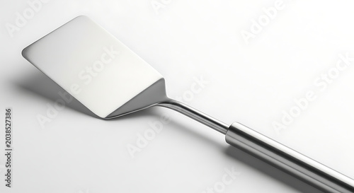 Shiny metal kitchen spatula, isolated on a bright white background, essential utensil for cooking and serving food