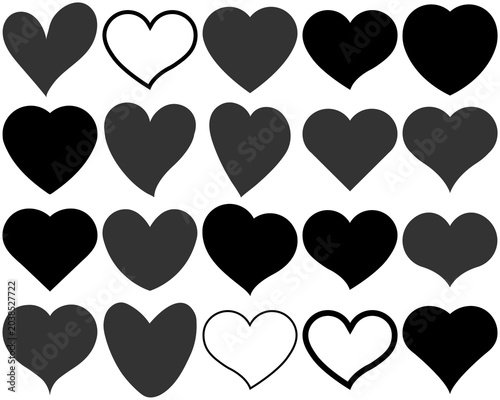 diverse collection of grey heart shapes in various styles, including solid and outlined forms, for design elements.