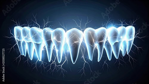 Glowing teeth, connected by electrical pulses, illuminate against a dark background