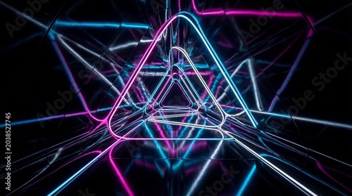 Immersive abstract journey through a vibrant neon tunnel crafted from interconnected glowing geometric lines, creating a mesmerizing futuristic light pathway