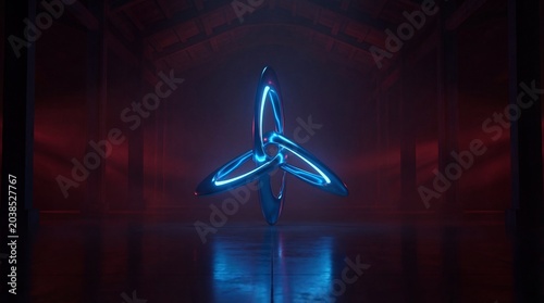 Mesmerizing futuristic abstract blue light energy symbol glowing intensely in a mysterious, dimly lit chamber with a reflective surface