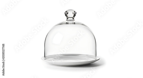 Beautiful empty clear glass bell jar and display plate isolated on a white surface