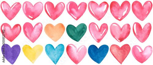 vibrant collection of watercolor heart shapes in diverse colors, hand-painted texture for romantic designs.