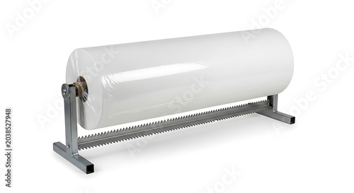 Large industrial clear plastic packaging film roll on a metal dispenser stand, isolated on white background