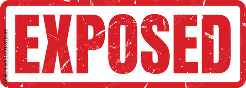 Vintage red ink rubber stamp showing the word exposed in a classic distressed block font