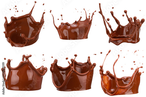 dynamic chocolate splashes and crowns, captured in high-speed photography, isolated on a transparent background, for food and drink concepts.