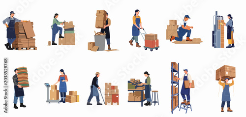 Φωτογραφία Diverse set of warehouse staff performing various logistics, shipping, and packaging tasks with cardboard boxes, isolated on white background