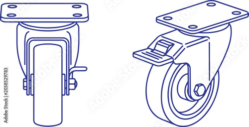 Photography Industrial caster wheel set front view and side view swivel wheel assembly for furniture and equipment heavy duty metal