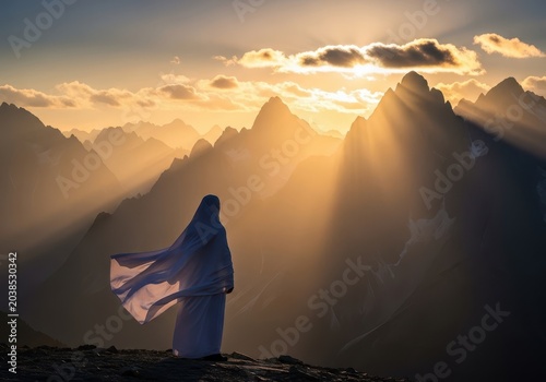 White flowing robes stand against a dramatic mountain vista under powerful golden sunlight, symbolizing spiritual contemplation in the wild, peaceful, sublime, nature