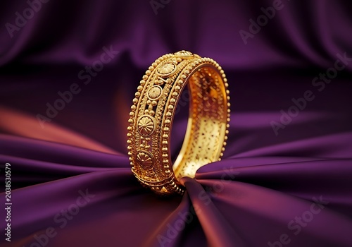 Elegant traditional gold bangle resting on a luxurious deep purple silk fabric