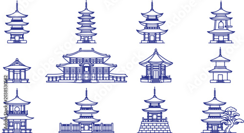Tablou pe pânză Japanese temple and pagoda building silhouettes ornate designs traditional asian architecture elements for travel