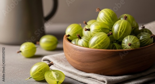 Fresh green gooseberries in a wooden bowl