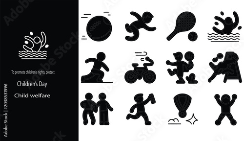 Quadro su tela Little girl and boy playing cycling, swimming,jumping,running, badminton, volley