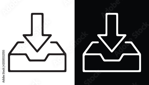 Foto Download Inbox Icon: A minimalist graphic depicting a download icon with an arrow pointing into an inbox or tray