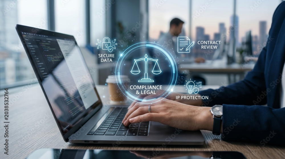 Naklejka premium Corporate Compliance and Legal Digital Security Concept with Laptop Interface in Modern Office Setting