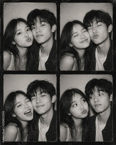 Korean couple posing and cuddling in vintage black and white photo booth strip four frames
