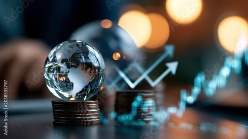 Stacked coins, glass globe and upward arrows over a subtle stock market graph, crisp commercial lighting, investment growth, compound interest, wealth management, global finance, long term