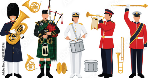 Tableau sur toile Military and Ceremonial Marching Band Vector Illustration Featuring Performers i