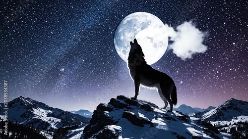 Solitary Wolf Howling at a Full Moon on Snowy Mountain Peak