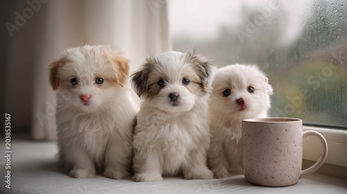 Three Adorable Puppies Sitting Next to a Mug by a Window on a Rainy Day, Soft Lighting and Warm Atmosphere