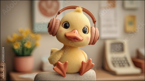 Cute cartoon duck with headphones in a cozy indoor setting, vibrant colors, playful ambiance, perfect for children's themes and entertainment projects