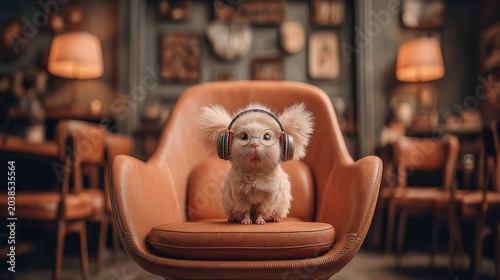 Adorable fluffy creature wearing headphones sitting on a stylish chair in a cozy cafe with artistic decor and warm atmosphere