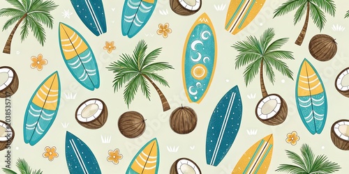 seamless pattern with palms & surfing board