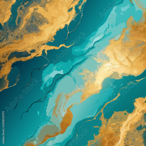 Artistic turquoise and gold abstract background with fluid ink texture and marble waves