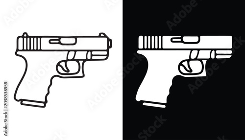 Εκτύπωση καμβά Pistol Iconography: A stark outline illustration of a semi-automatic pistol presented in both black on white and white on black, emphasizing its form and function
