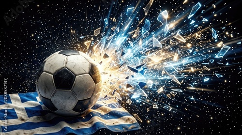 Soccer ball on greek flag breaking through glass with light explosion on dark background.