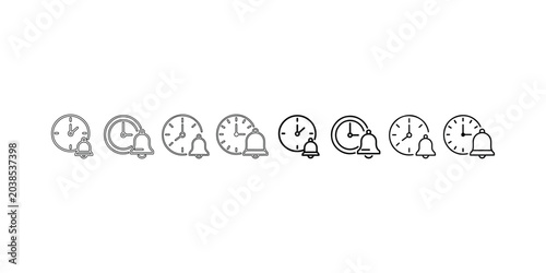 Clock faces paired with alert bell symbols indicating scheduled notification reminders appointment alarms time management and punctual event alerts set.