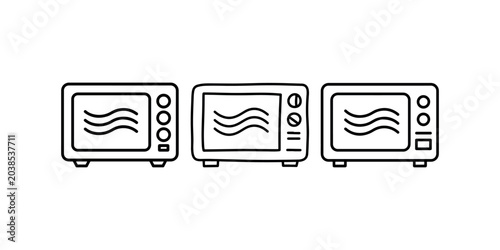 Three line art drawings of microwaves with a wavy line inside a rectangle on a white background, suggesting heat or cooking process.