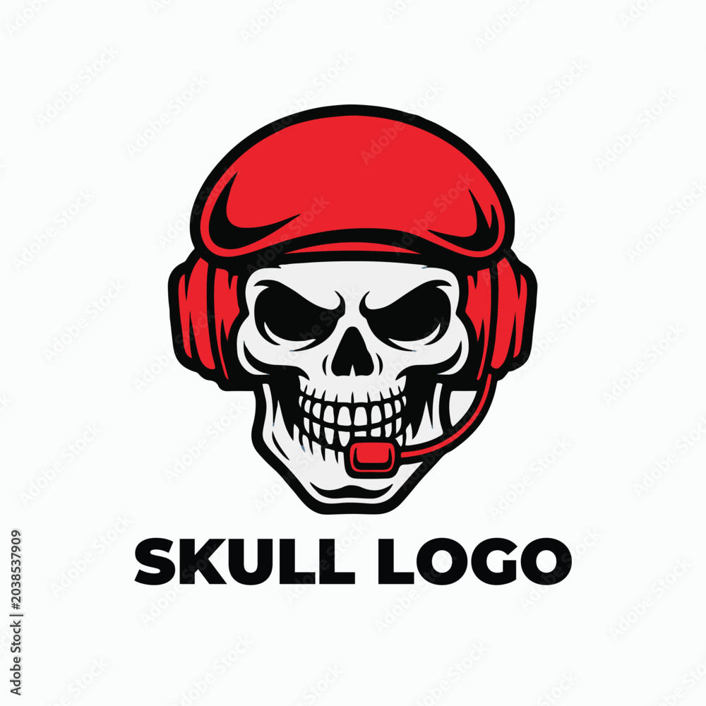 Fototapeta premium Grimacing Skull with Red Headphones in Bold Black and Red Vector Logo Style, Minimalist black and red skull wearing headphones in a striking vector logo design.