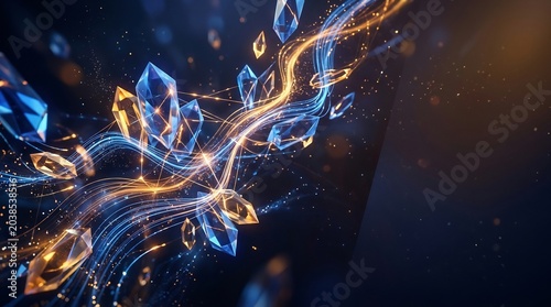 Glowing blue crystals with golden light trails on dark background technology concept