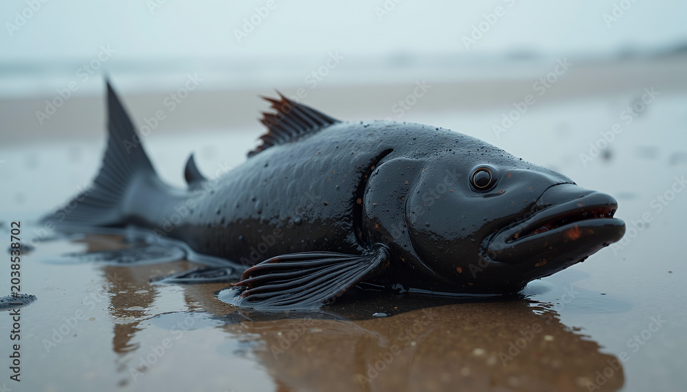 Fototapeta premium Fish lying on wet sand by the shoreline on a cloudy day 