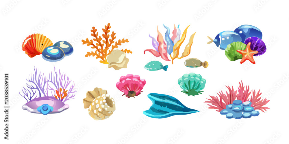 Fototapeta premium Colorful collection of marine corals and reef plants, vector