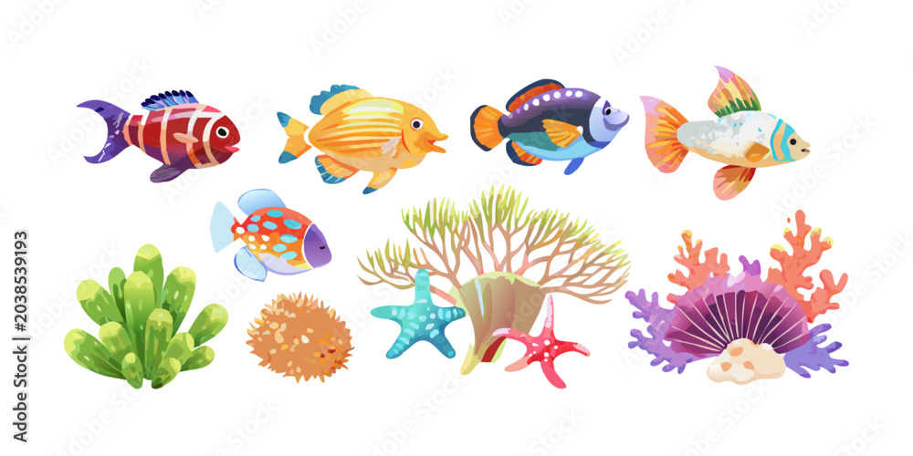 Obraz premium Colorful tropical fish and coral reef collection, vector