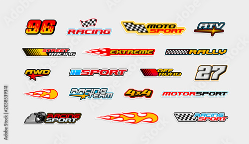 Racing Car livery decals (set 5). Racing vehicle performance elements of sport graphics design with sport numbers, stripes, racing flame, abstract geometric forms. Editable vector Rcing Stickers