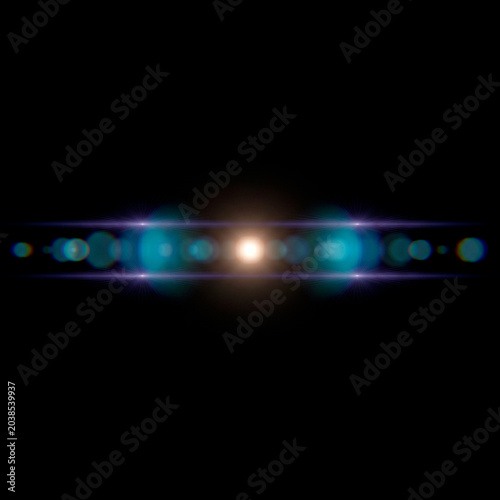 Cinematic anamorphic lens flare overlay pack. Bright gold blue white optical light leaks streak isolated on black background