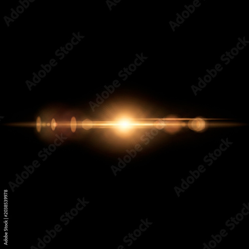 Cinematic anamorphic lens flare overlay pack. Bright gold blue white optical light leaks streak isolated on black background