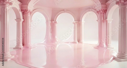 Surreal pink temple ruins with melting liquid floor for fashion background.

