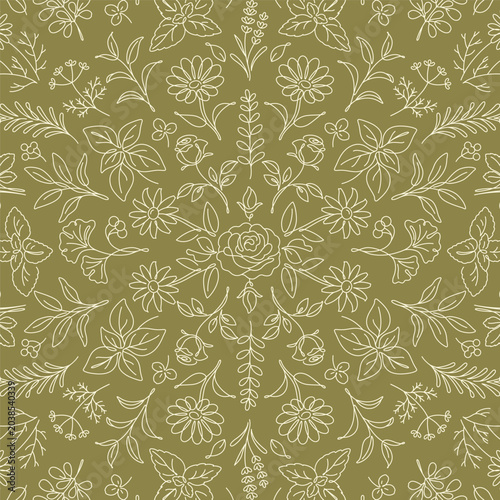 Botanical Line Art Seamless Pattern on Olive Green Background