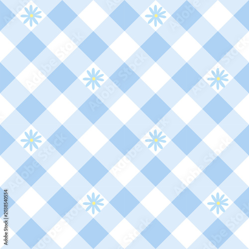 Blue Gingham Floral Seamless Pattern with Cute Daisy Illustration