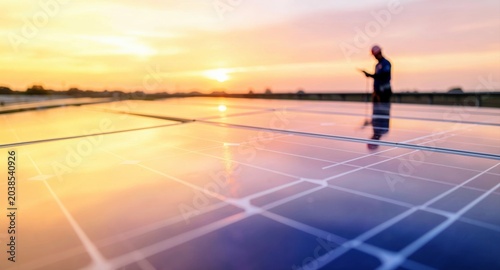 Solar panels reflecting warm golden sunset with technician working in background.

