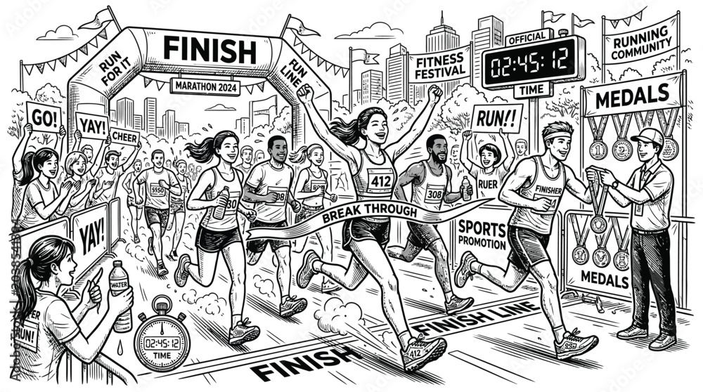 Obraz premium Marathon runners crossing the finish line in a black and white hand drawn sketch illustration style