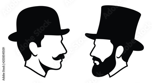 Billede på lærred two men wearing hats in silhouette top hat bowler beard mustache profile black w