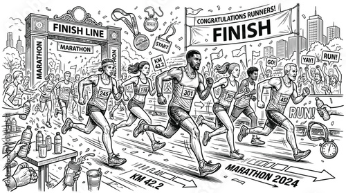 Marathon runners crossing the finish line in a competitive long distance race event black white drawing